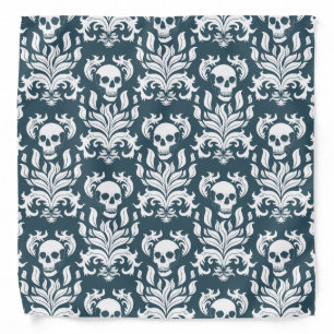 Skull Flame Damask in crisp white on slaty blue Bandana