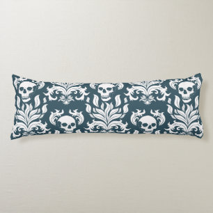 Skull Flame Damask in crisp white on slaty blue Body Pillow