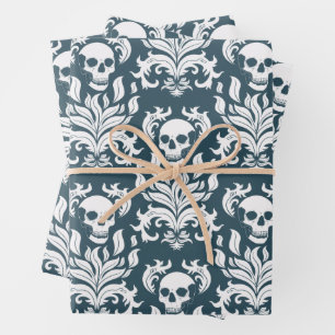 Skull Flame Damask in crisp white on slaty blue Wrapping Paper Sheets