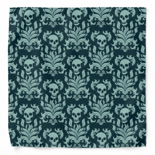Skull Flame Damask in mint green on deep blue Bandana