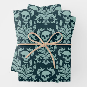 Skull Flame Damask in mint green on deep blue Wrapping Paper Sheets