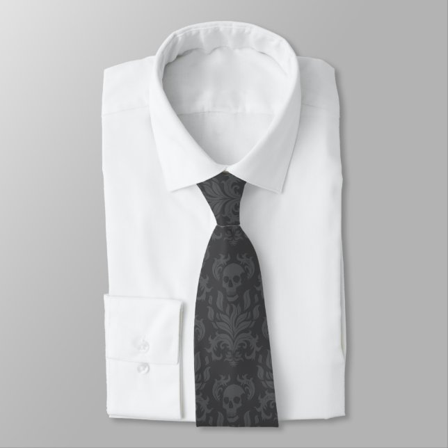 Skull Flame Damask in moody shades of grey Neck Tie (Tied)