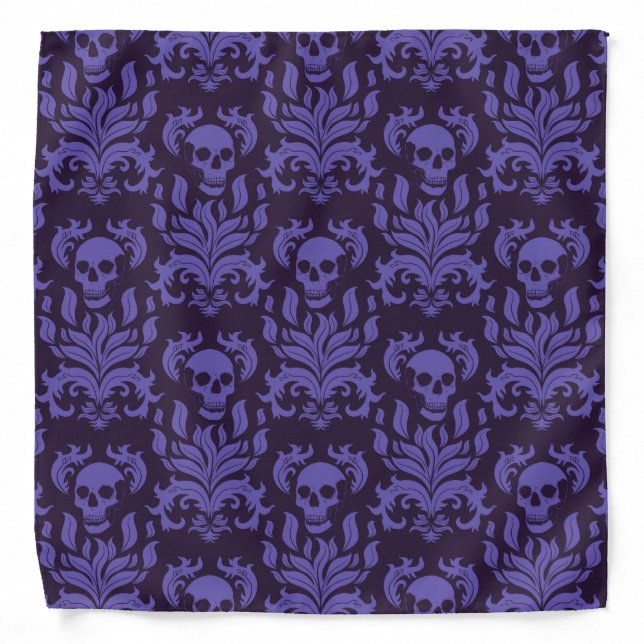 Skull Flame Damask in moody shades of purple Bandana (Front)
