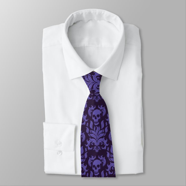 Skull Flame Damask in moody shades of purple Neck Tie (Tied)