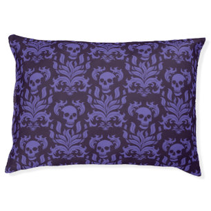 Skull Flame Damask in moody shades of purple Pet Bed