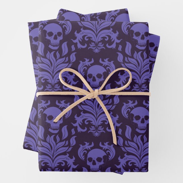 Skull Flame Damask in moody shades of purple Wrapping Paper Sheets (In situ)