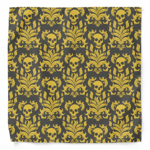Skull Flame Damask in moody yellow on dark grey Bandana
