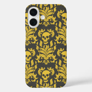 Skull Flame Damask in moody yellow on dark grey iPhone 16 Case