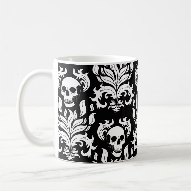 Skull Flame Damask in stark white on black Coffee Mug (Left)
