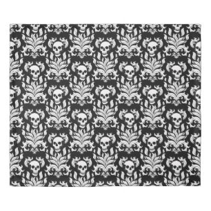 Skull Flame Damask in stark white on black Duvet Cover