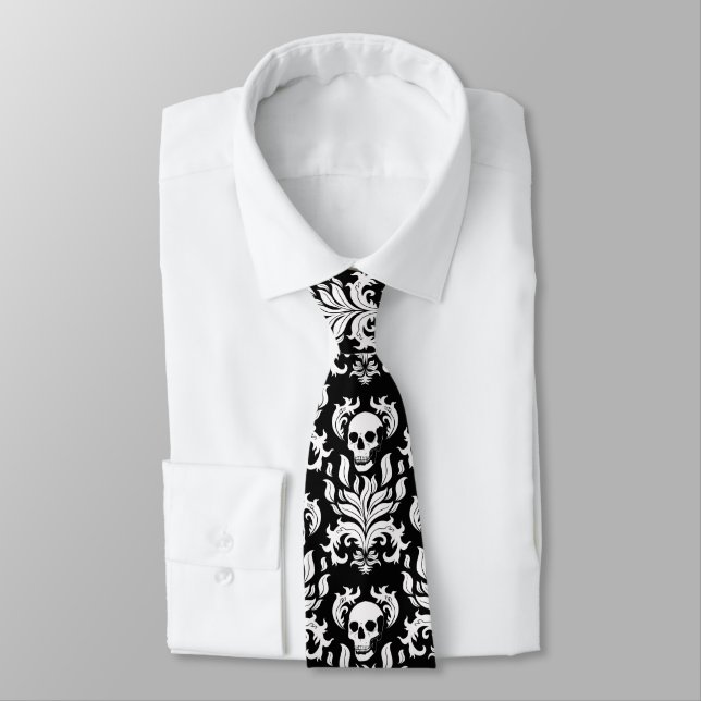 Skull Flame Damask in stark white on black Neck Tie (Tied)