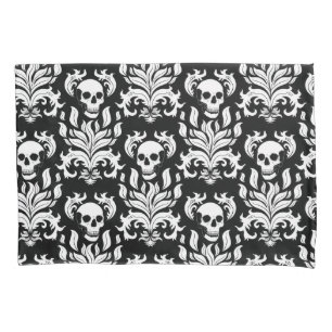 Skull Flame Damask in stark white on black Pillow Case