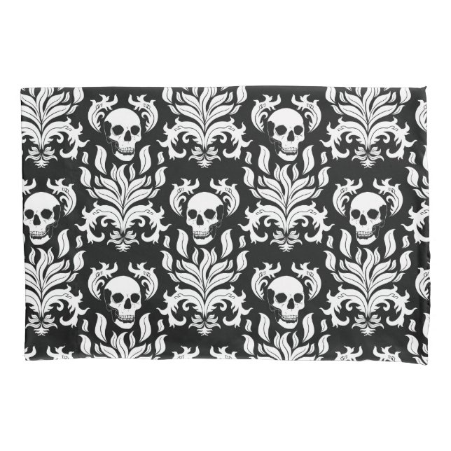 Skull Flame Damask in stark white on black Pillow Case (Front-Left)