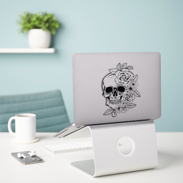 Skull Floral Art Sticker (Laptop On Desk)