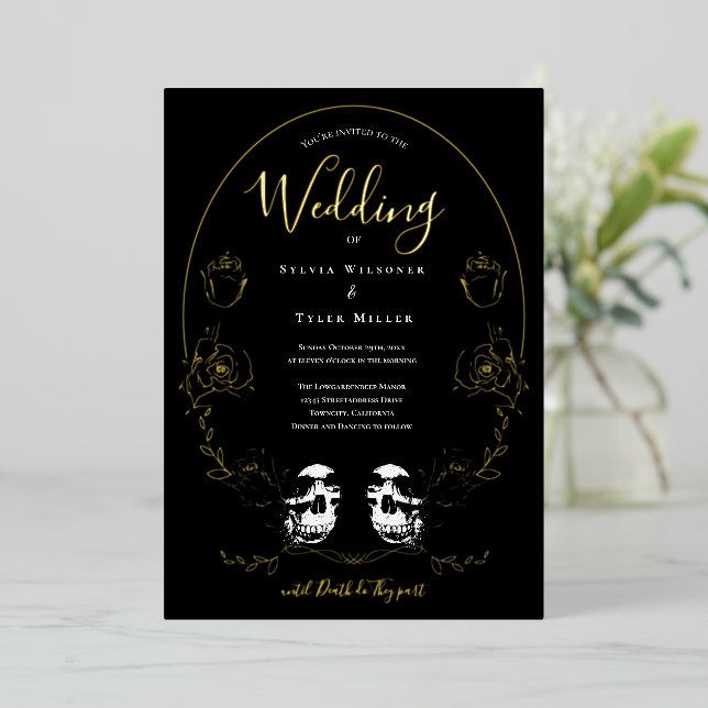 Skull Floral Black Gothic Wedding Foil Invitation (Standing Front)