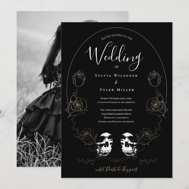 Skull Floral Black Photo Gothic Invitation (Front/Back)