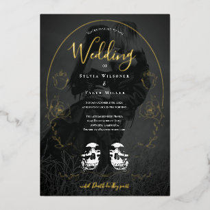 Skull Floral Black Photo Gothic Wedding Foil Invitation