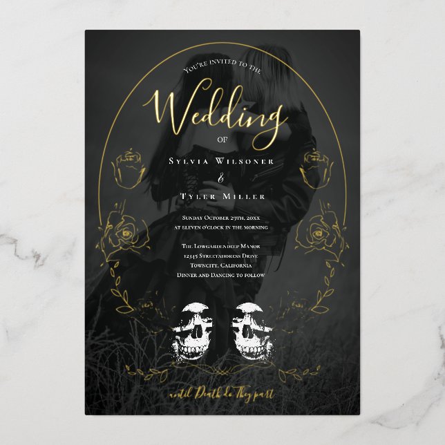 Skull Floral Black Photo Gothic Wedding Foil Invitation (Front)