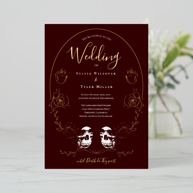 Skull Floral Burgundy Gothic Wedding Foil Invitation (Standing Front)