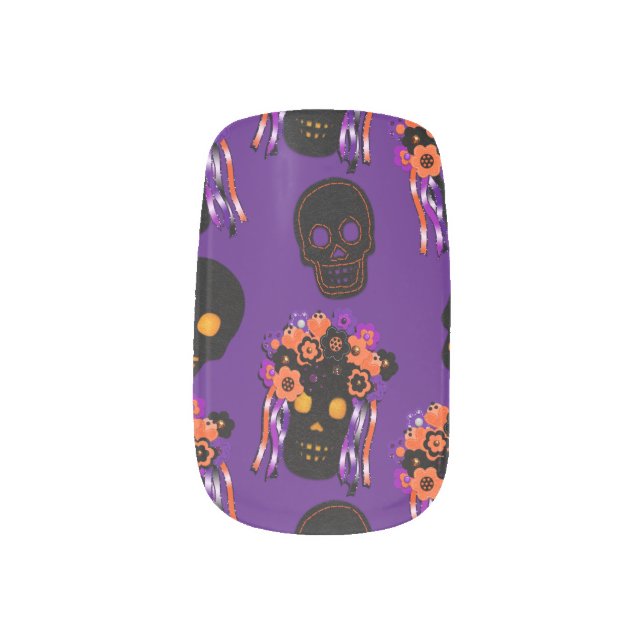 Skull Floral Crown Purple Black Orange Halloween Minx Nail Art (Left Thumb)