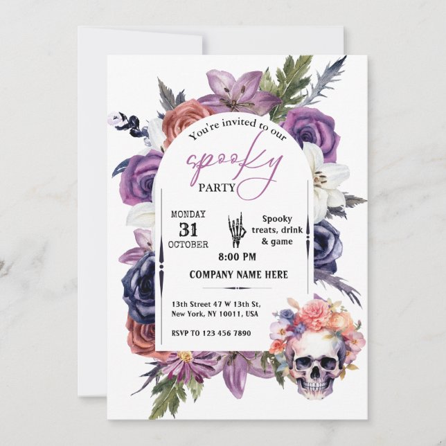 Skull & Floral Design Small Business Halloween Invitation (Front)