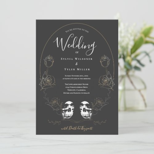 Skull Floral Gray Gothic Wedding  Invitation