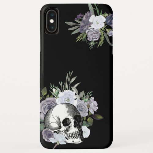 Skull Floral Roses Black White Goth Halloween iPhone XS Max Case