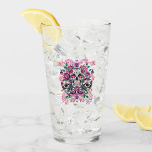 Skull floral, skeleton watercolor pink ,Halloween. Glass