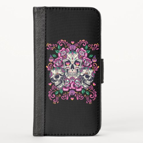 Skull floral skeleton watercolor pink Halloween iPhone XS Wallet Case