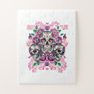 Skull floral, skeleton watercolor pink ,Halloween. Jigsaw Puzzle