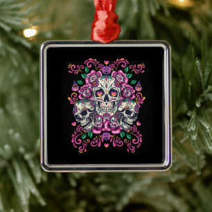 Skull floral, skeleton watercolor pink ,Halloween. Metal Ornament