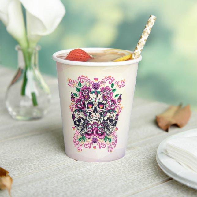 Skull floral, skeleton watercolor pink ,Halloween. Paper Cups (Insitu)