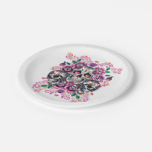 Skull floral, skeleton watercolor pink ,Halloween. Paper Plates