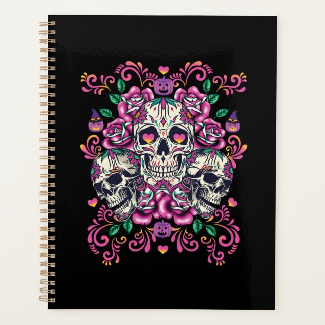 Skull floral, skeleton watercolor pink ,Halloween. Planner (Front)