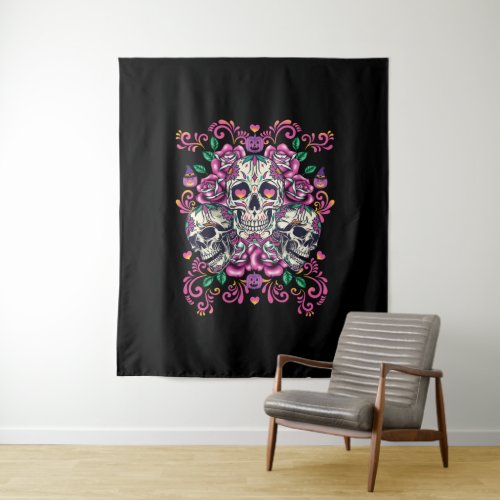 Skull floral skeleton watercolor pink Halloween Tapestry