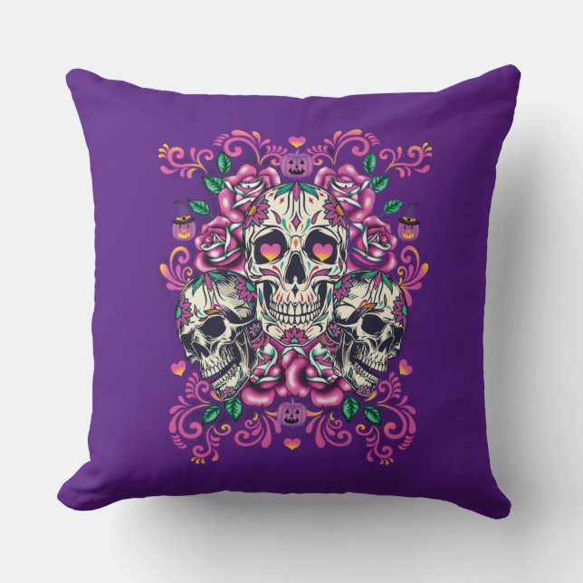Skull floral, skeleton watercolor pink ,Halloween. Throw Pillow (Front)