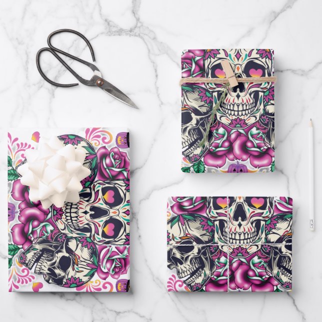 Skull floral, skeleton watercolor pink ,Halloween. Wrapping Paper Sheets (Front)