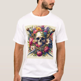 Skull, Flower, and Sword Design T-Shirt