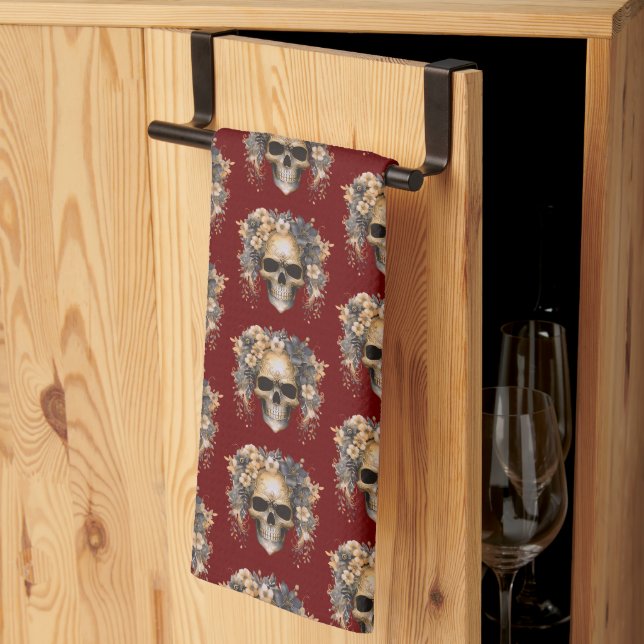 Skull Flowers Burgundy Pattern Halloween Kitchen Towel (Thirds Fold)