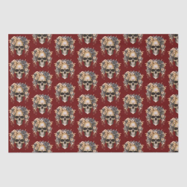 Skull Flowers Burgundy Pattern Halloween Tissue Paper (Front)