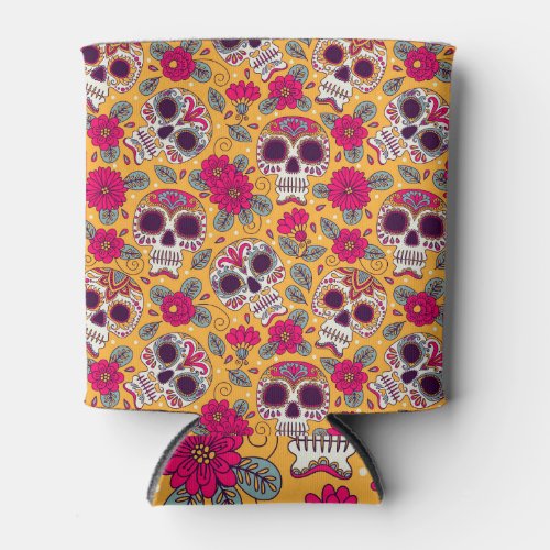 Skull Flowers Mexican Day Background Can Cooler