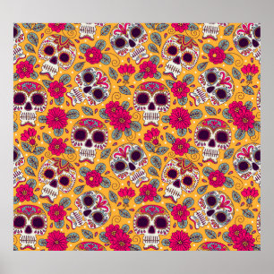Skull Flowers: Mexican Day Background Poster