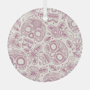 Skull Flowers: Mexican Day Seamless. Glass Ornament