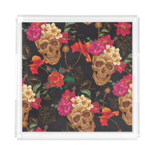 Skull Flowers: Seamless Dark Background. Acrylic Tray