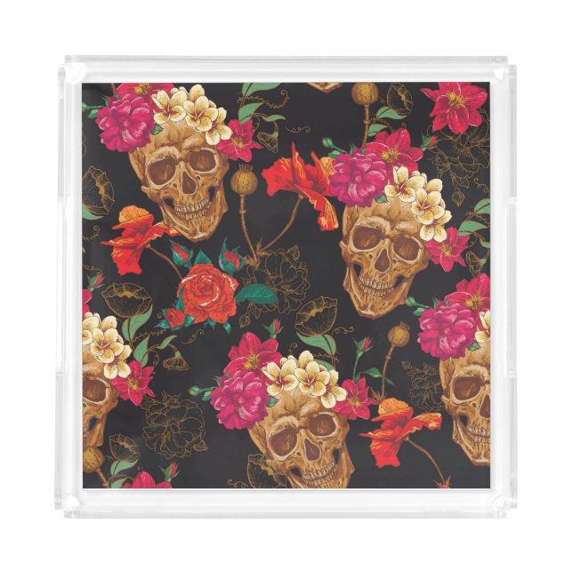 Skull Flowers: Seamless Dark Background. Acrylic Tray (Front)