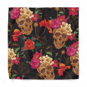Skull Flowers: Seamless Dark Background. Bandana