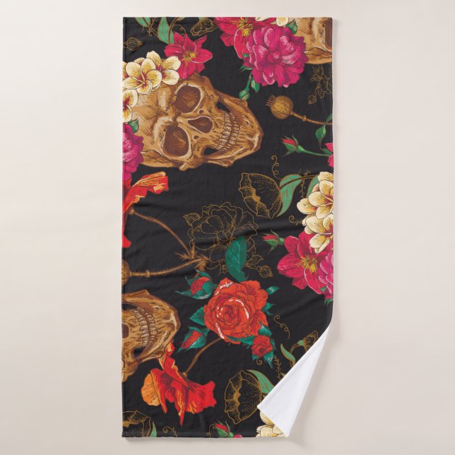 Skull Flowers: Seamless Dark Background. Bath Towel (Bath Towel)