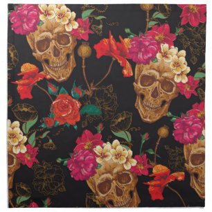 Skull Flowers: Seamless Dark Background. Cloth Napkin