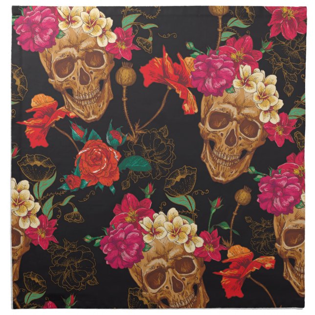 Skull Flowers: Seamless Dark Background. Cloth Napkin (Front)
