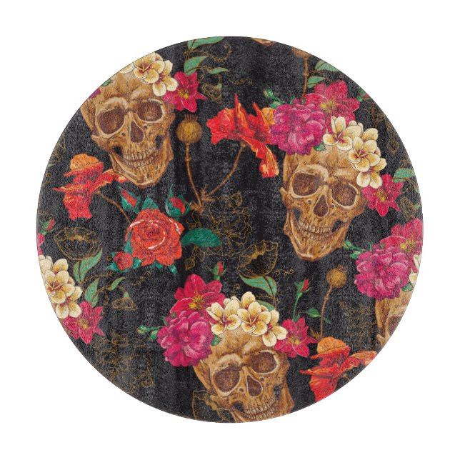 Skull Flowers: Seamless Dark Background. Cutting Board (Front)